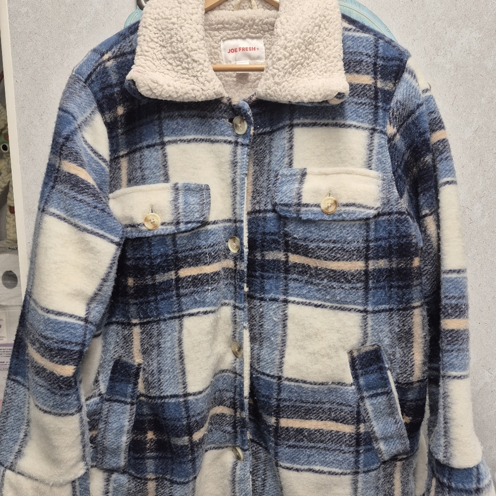 Blue And Cream Plaid Cozy Sherpa Jacket